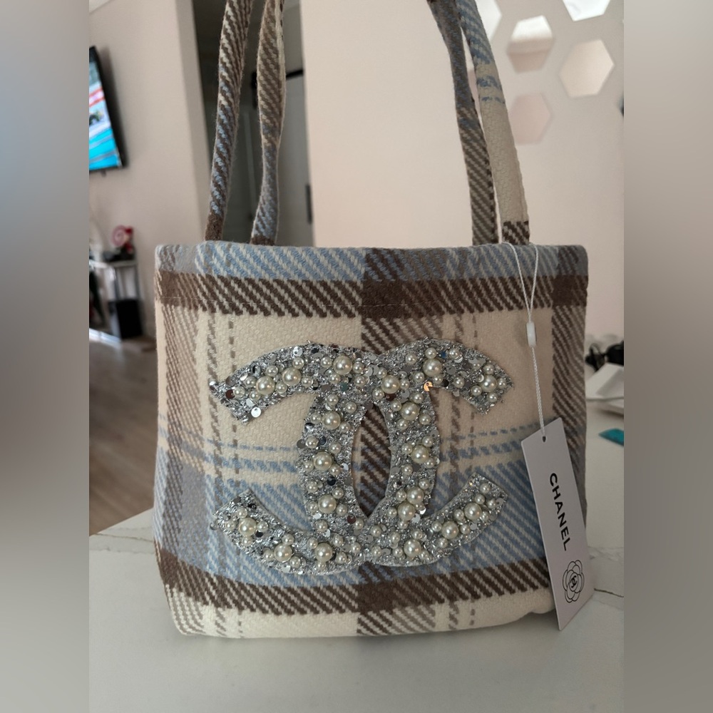 New w tag Chanel sequin pearl logo Tote - Blue Cream Brown